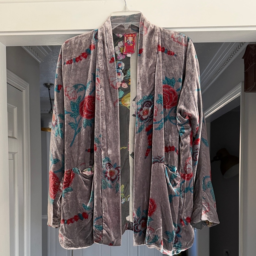 Johnny Was Floral Velvet Open Cardigan